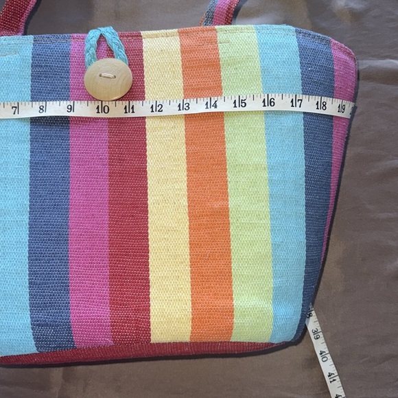 Colorful Rainbow Candy Stripe Bucket Tote Bag Woven Cotton Wood Button Accent - Picture 4 of 11